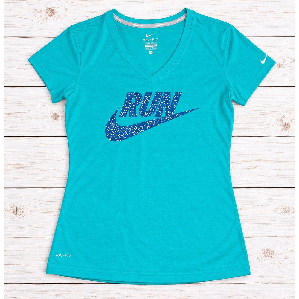 Nike Running Dri-FIT V-Neck Tee Turquoise Graphic Swoosh Activewear Small